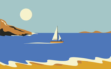 Beautiful view of the seascape and the coast. A boat or yacht is sailing on the sea. Vacation or summer holidays. In retro style.