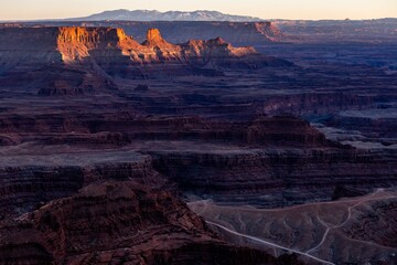 Bird's eye view of Red Rock formation in Dead Horse Point State Park at sunset