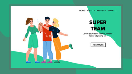 Super Team Celebrate Success Achievement Vector. Man And Woman Managers Super Team Celebrating Successful Achieve Together. Characters Colleagues Teamwork Web Flat Cartoon Illustration