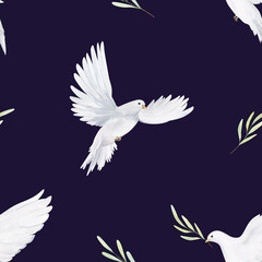 Watercolor white dove and olive branches seamless pattern. Hand drawn illustration for fabric, wrapping paper on dark blue background
