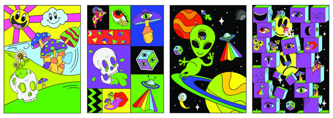 A set of psychedelic posters with space, crazy mushrooms, geometry, skulls, UFOs and an alien. Surrealism