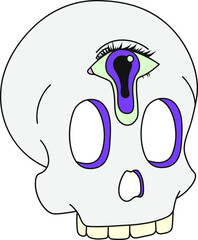 A psychedelic skull with a third eye with a leaking pupil. Surrealism