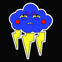 Psychedelic sticker. A blue cloud that pushes to give birth to lightning. Surrealism.