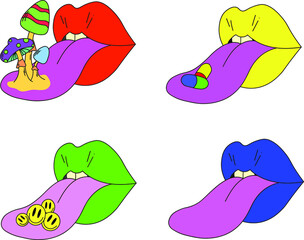 Obraz premium A set of four psychedelic lips. Lips with protruding tongue, mushrooms, emoticons and pills on the tongue. Surrealism.