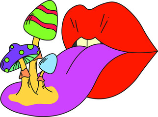 Psychedelic red lips with a protruding tongue. Mushrooms growing from the tongue. Surrealism