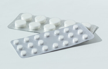 pills, medicine on white background. Copy space