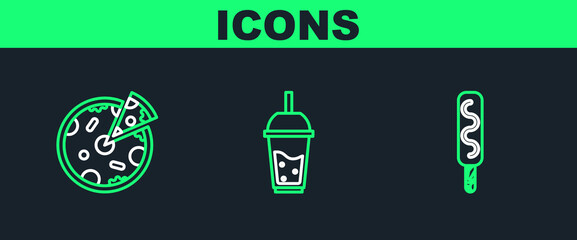 Set line Ice cream, Pizza and Glass of lemonade with drinking straw icon. Vector