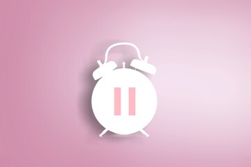 Menopause concept, pause sign on a white alarm clock on pink background. Minimal concept hormone replacement therapy.
