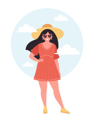 Woman in hat and retro sunglasses in summer outfit. Hello summer, summertime, vacation. Hand drawn vector illustration