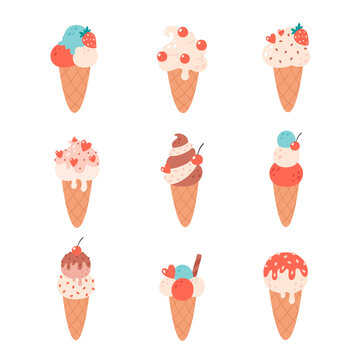 Ice cream collection. Ice cream cone with different flavors. Summertime, hello summer. Hand drawn vector illustration