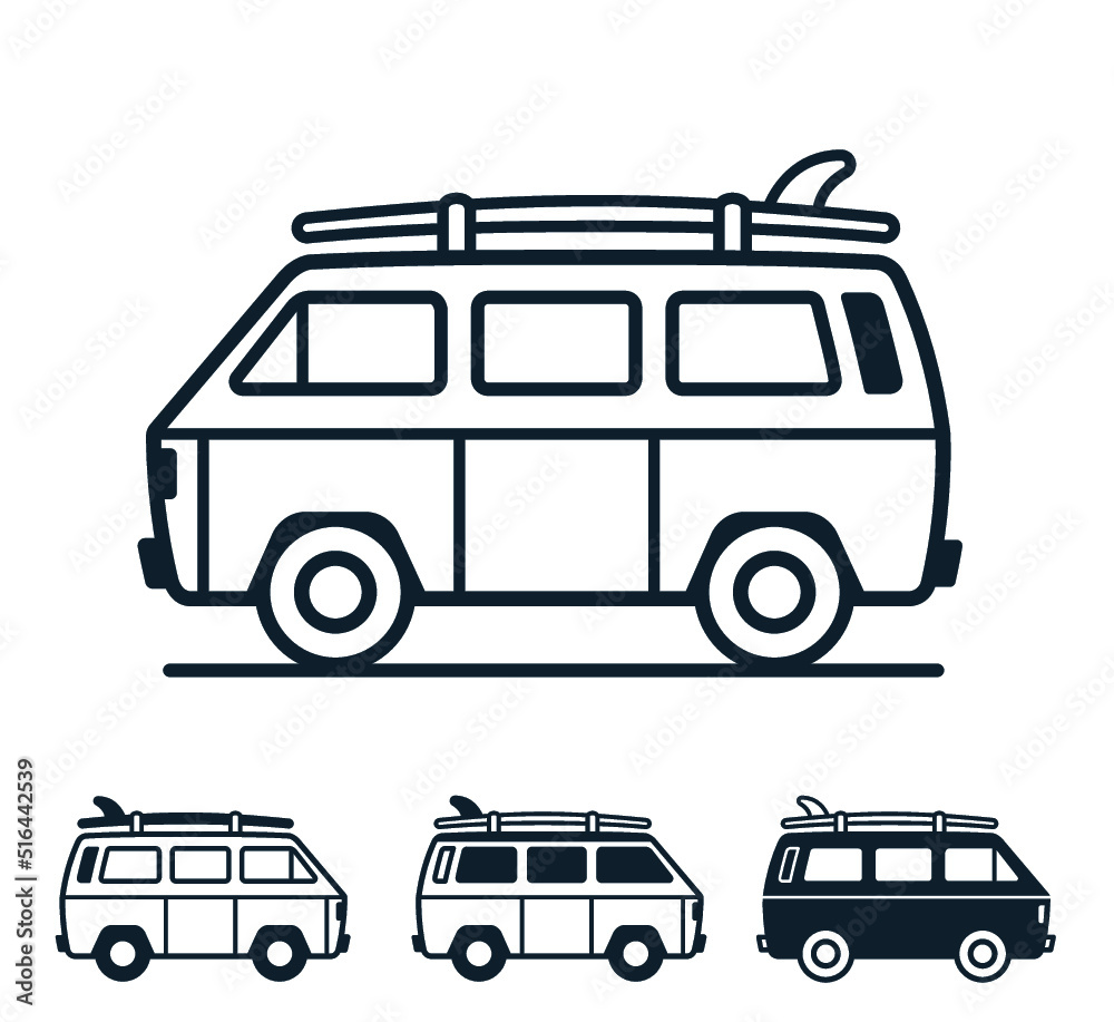 Wall mural vector of vintage van with surfboard on top of the roof on white background - icon set