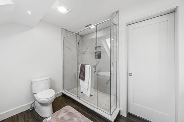 White minimalist bathroom interior with glass partition