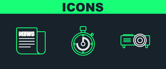 Set line Presentation, movie, film, media projector, News and Briefcase icon. Vector