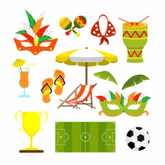 Set of equipment for vacationers in Brazil in cartoon style. Vector illustration of football field, ball, cocktail, slippers, swimsuit, sun lounger with umbrella, carnival masks, drum, maracas.