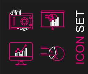Set line Pie chart infographic, Computer monitor with, Board and Safe and money icon. Vector