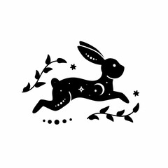 Celestial animal silhouette of running rabbit. Magic bunny with natural elements. Black magical bunny rabbit, mystic crescent moon esoteric symbol, constellation elements. Vector rabbit for decoration