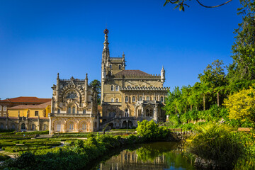 Fototapeta na wymiar Bussaco palace located in the portuguese thermal region of Luso, worldwide known by it´s mineral waters. Palace in the woods in the protected forest of Bussaco