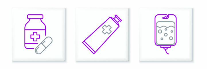 Set line IV bag, Medicine bottle and pills and Ointment cream tube medicine icon. Vector