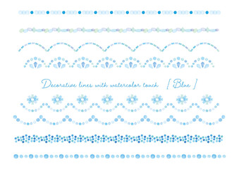 水玉、レース、タイル、キラキラ模様の青系水彩タッチライン装飾素材