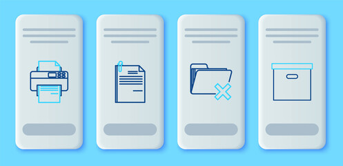 Set line File document and paper clip, Delete folder, Printer and Carton cardboard box icon. Vector