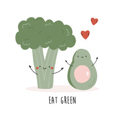 Vector illustration with funny characters broccoli and avocado.