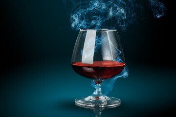 Whiskey or cognac in cristal glass with smoked rosemary, and slice of orange. Alcoholic drink.