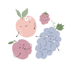 Vector illustration with funny characters peach, plum, raspberry, grape