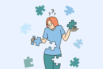 Confused young woman with jigsaw puzzles rebuild personality or identity. Frustrated unhappy girl recover from depression or mental psychological problems. Rehabilitation. Vector illustration. 