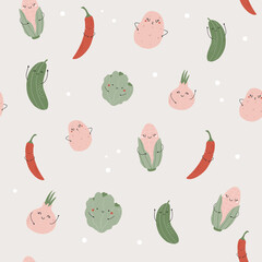 Seamless pattern with funny cheerful vegetable characters