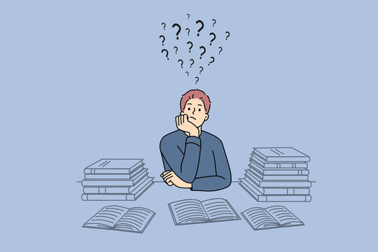 Pensive guy suit at desk studying thinking or pondering of problems finding solution. Thoughtful man with books feel frustrated daydreaming or planning. Dilemma. Vector illustration. 