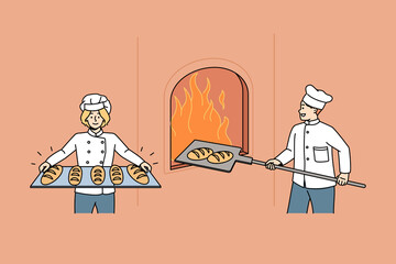 Happy bakers in uniform prepare cook fresh tasty crusty loaves in oven. Smiling worker bake delicious bread in bakery shop or house. Small business ownership, bakeshop. Vector illustration. 