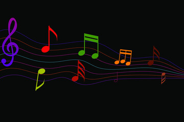 Obraz premium Music notes. Dark music background. Colorful abstract music notes on line wave background.