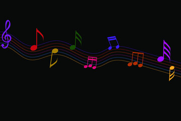 Obraz premium Music notes. Dark music background. Colorful abstract music notes on line wave background.