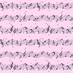Seamless pattern decorated with musical symbols. Vector illustration with melodic symbols, musical notes, treble clef in black color on a light pink background for design decoration.