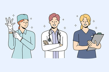 Set of smiling diverse doctors in uniform ready to give good quality medical service to patients. Collection portrait of happy nurse and surgeon in clinic or hospital. Medicine. Vector illustration. 