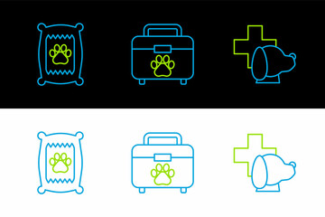 Set line Veterinary clinic symbol, Bag of food for dog and Pet first aid kit icon. Vector