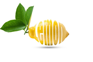 inscription lemon made of yellow lemon isolated on white background