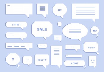 Set of pixel speech bubble stickers. White thought clouds with various inscriptions, strokes and questions. Elements for social networks. Simple flat vector collection isolated on purple background.
