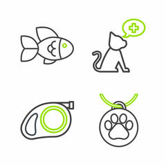 Set line Collar with name tag, Retractable cord leash carabiner, Veterinary clinic symbol and Fish icon. Vector