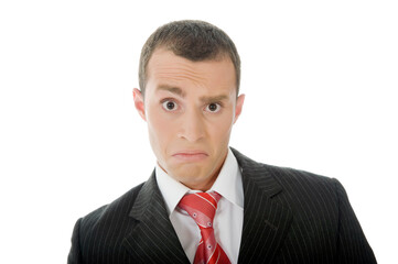 Young Businessman is Unsure on Isolated White Background