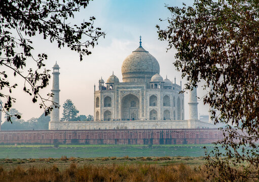 Amazing   morning view at Taj Mahal  from Mahtab Bagh garden  . A little fog in Agra. February