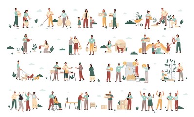 Charity and donation concept. Set of male and female volunteers walking dogs from shelter, feeding homeless people, taking care of nature. Cartoon flat vector collection isolated on white background