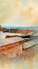 Cannon and castle wall in Brno watercolor pattern colorful illustration