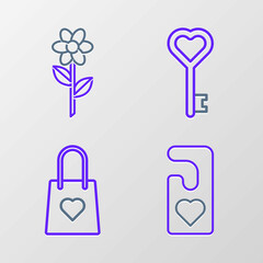 Set line Please do not disturb with heart, Shopping bag, Key shape and Flower icon. Vector