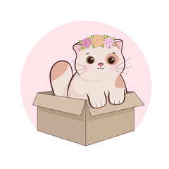 Cute kitten with flowers. In a cardboard box on a round pink background. Taking care of animals. Children's vector illustration. World Cat Day