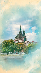 Watercolor pattern of Brno Cathedral of Saint Peter and Pavel colorful illustration