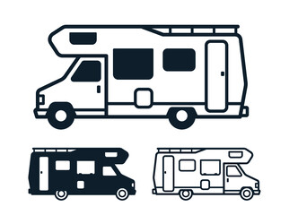 Vector icon set of three vintage camper vans or caravansisolated on white background