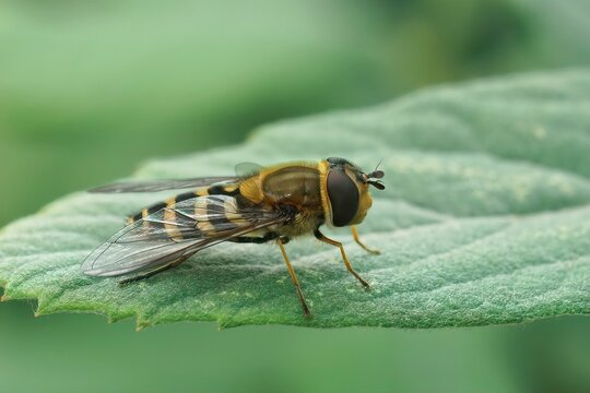 Detailed closeup on a Common banded hoverfly , Syrphus ribesii, sitting on a green leaf