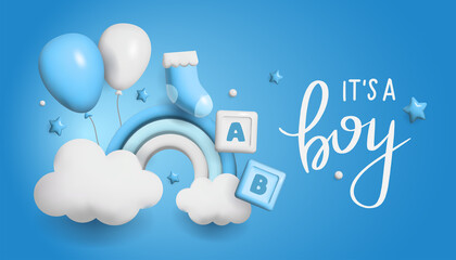 Baby shower 3d space. Banner poster on Baby shower in render style. Lettering it's a boy. 
