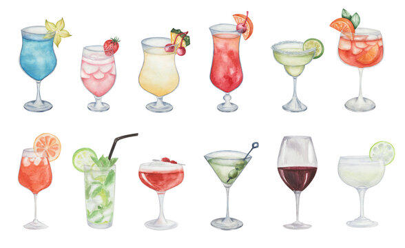 Watercolor illustration of hand painted cocktails. Sex on the beach, margarita, blue lagoon, rum-runner, martini, pina colada, aperol spritz, mojito, clover club, wine, gimlet. Alcohol beverage drinks